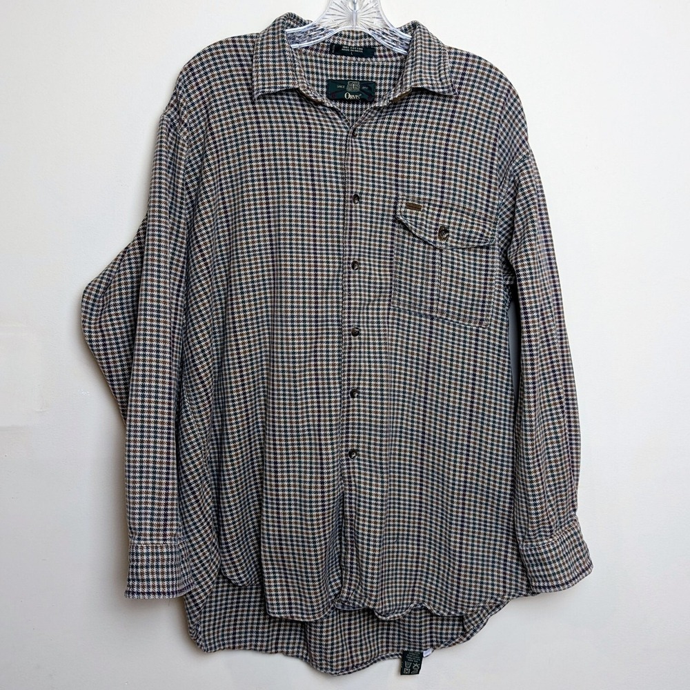 Vintage Orvis Heavy Striped Houndstooth Flannel Button Shirt Brown 90s Large XL